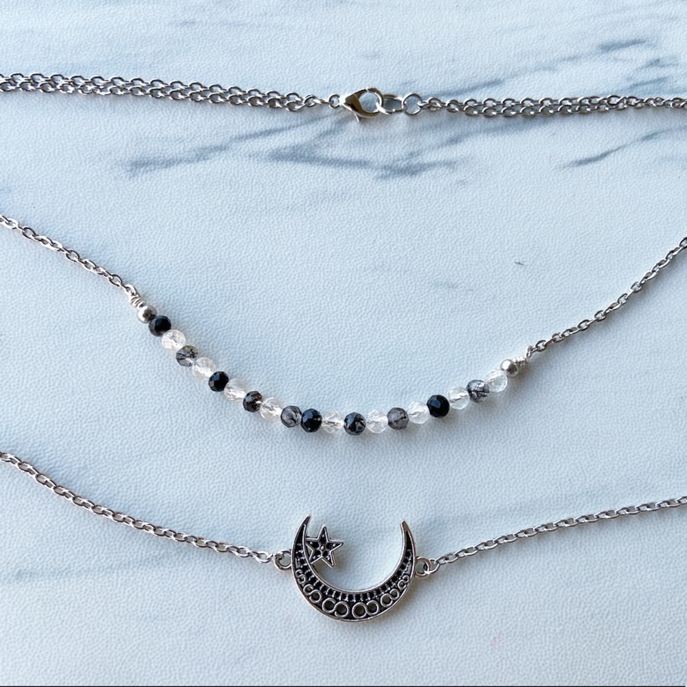 Double layer necklace moon star & druzy quartz - Picture 8 of 11